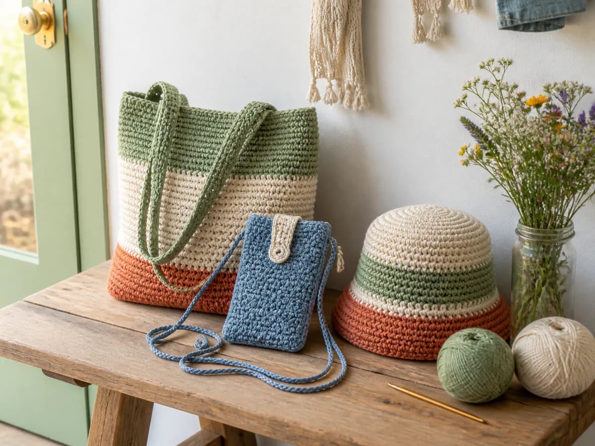 Sage market tote, blue phone pouch, and striped crochet bucket hat arranged with yarn by a sunny window