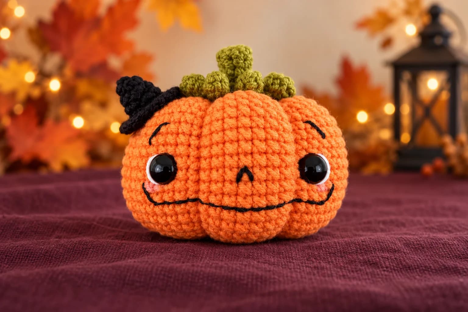 Squat orange crochet pumpkin with black oval eyes, a wide stitched smile, green stem and leafy detail, and a tiny black witch hat on plum fabric