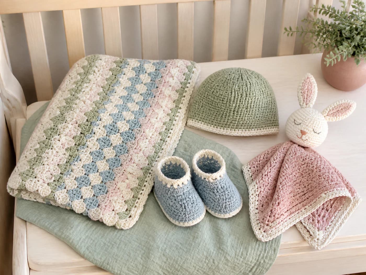 Pastel striped baby blanket, sage bonnet, blue booties, and pink rabbit lovey arranged in a wooden crib