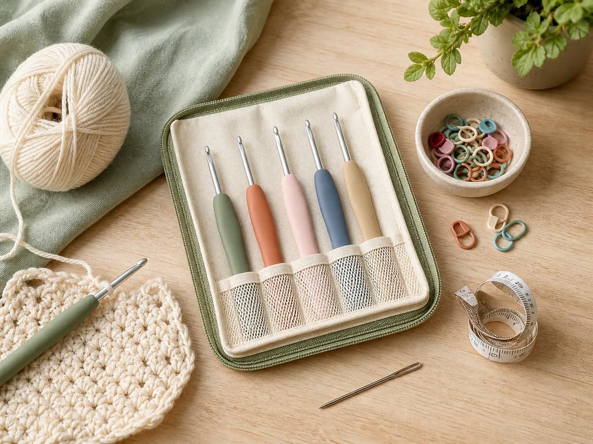 Ergonomic crochet hooks in a fabric case beside cream yarn, stitch markers, scissors, and a practice swatch