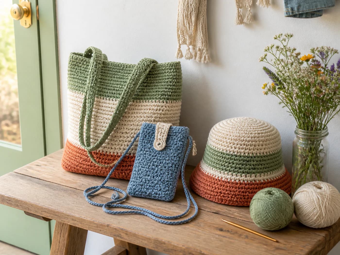 Sage market tote, blue phone pouch, and striped bucket hat arranged with yarn and dried flowers