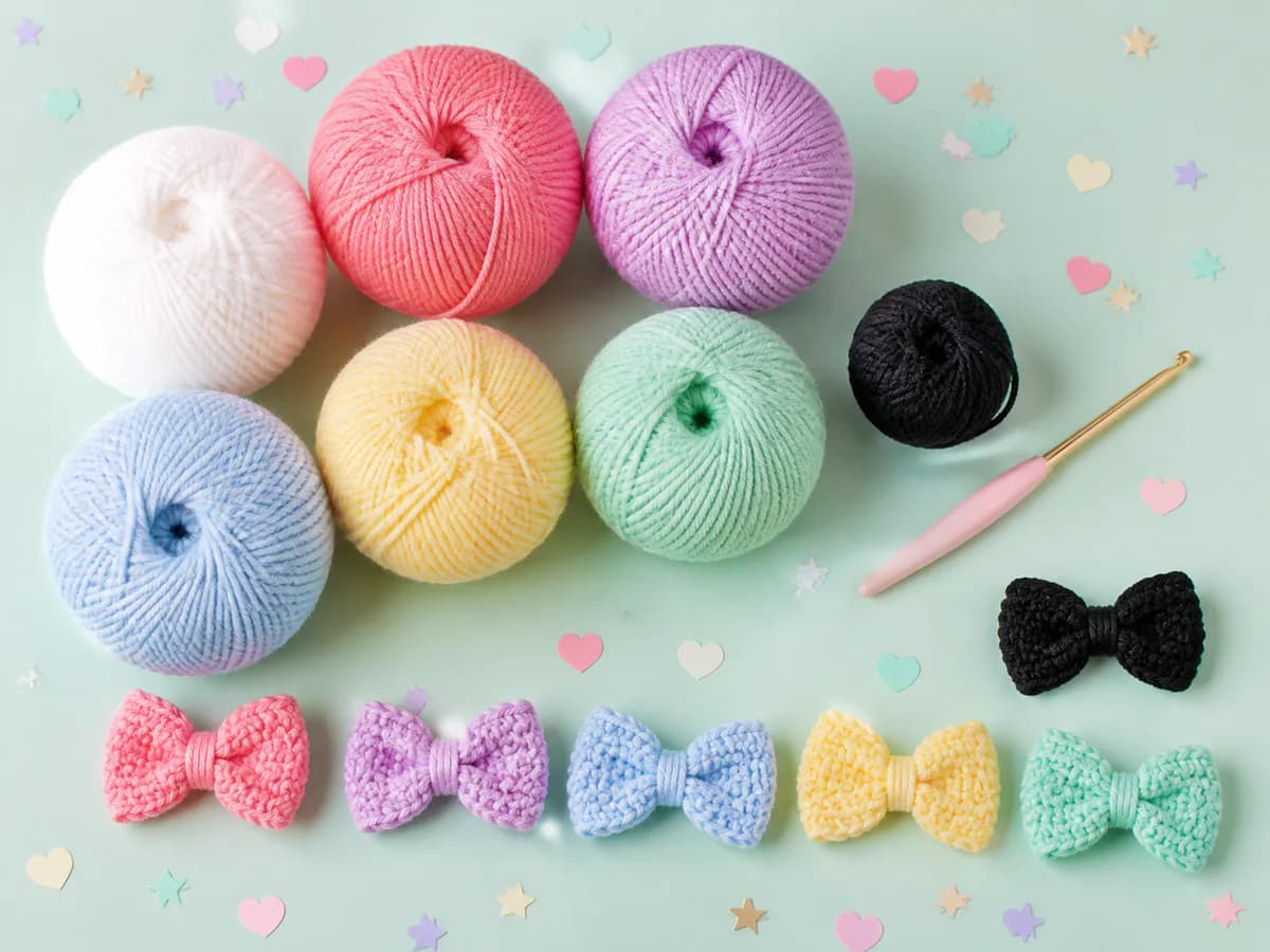 Pastel yarn balls in white, pink, purple, blue, yellow, and mint with a row of matching crochet bows