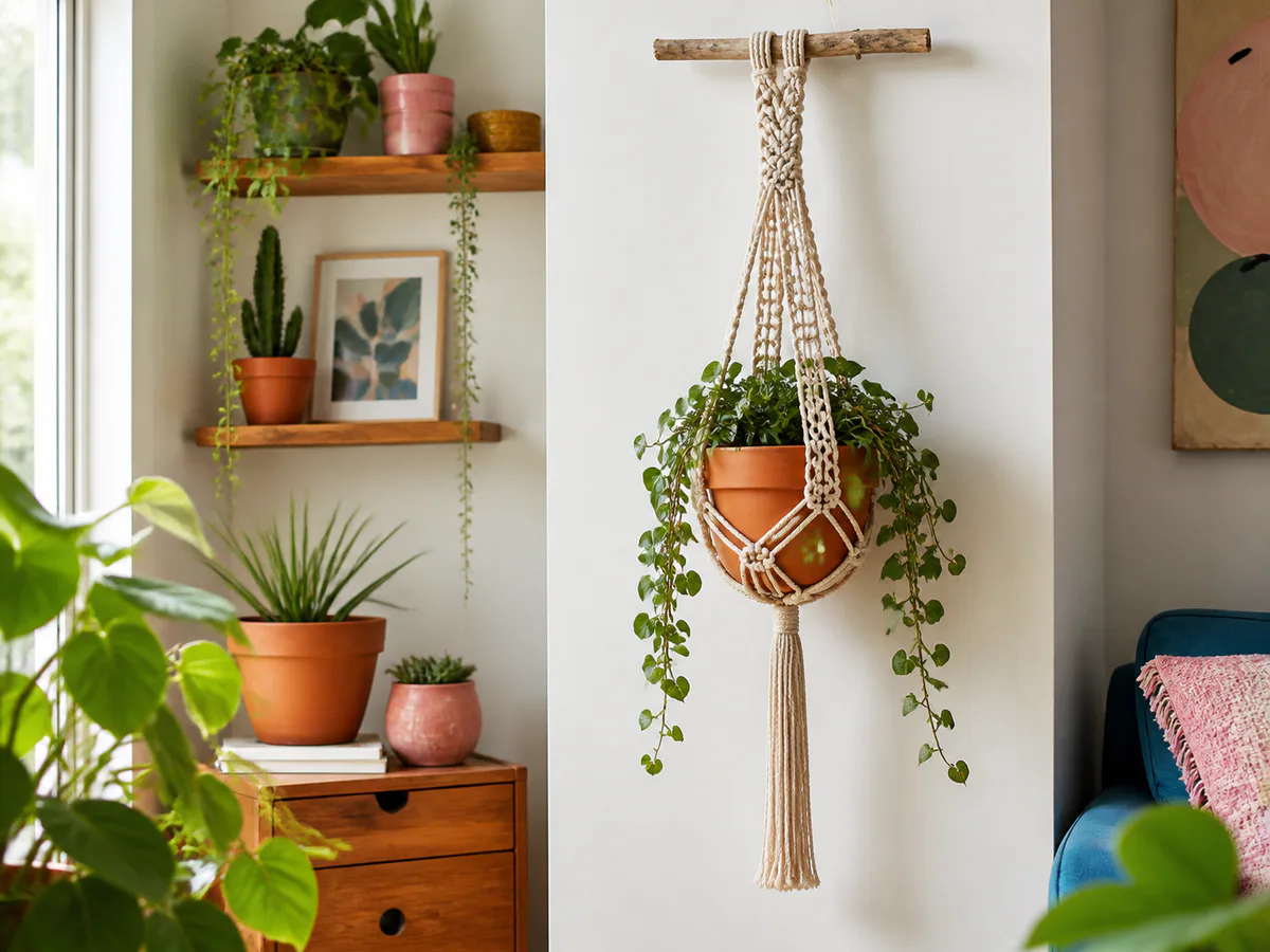 Cream crochet plant hanger holding a terracotta pot among green houseplants