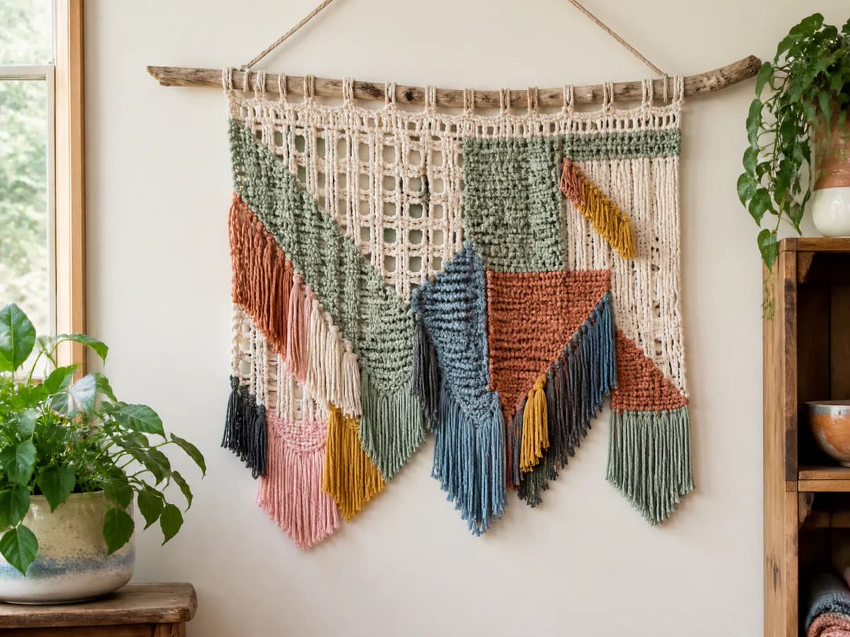 Textured cream crochet wall hanging with blue and rust panels, fringe, and wooden beads