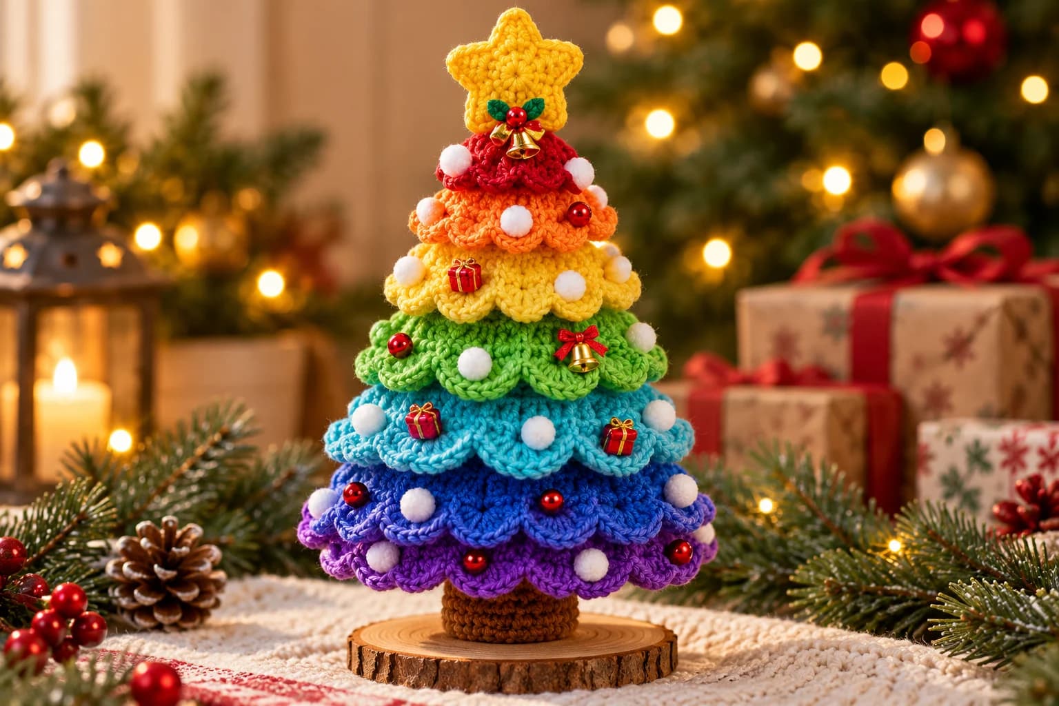 Rainbow crochet Christmas tree with seven scalloped tiers, a yellow star, and a brown trunk on a wooden base