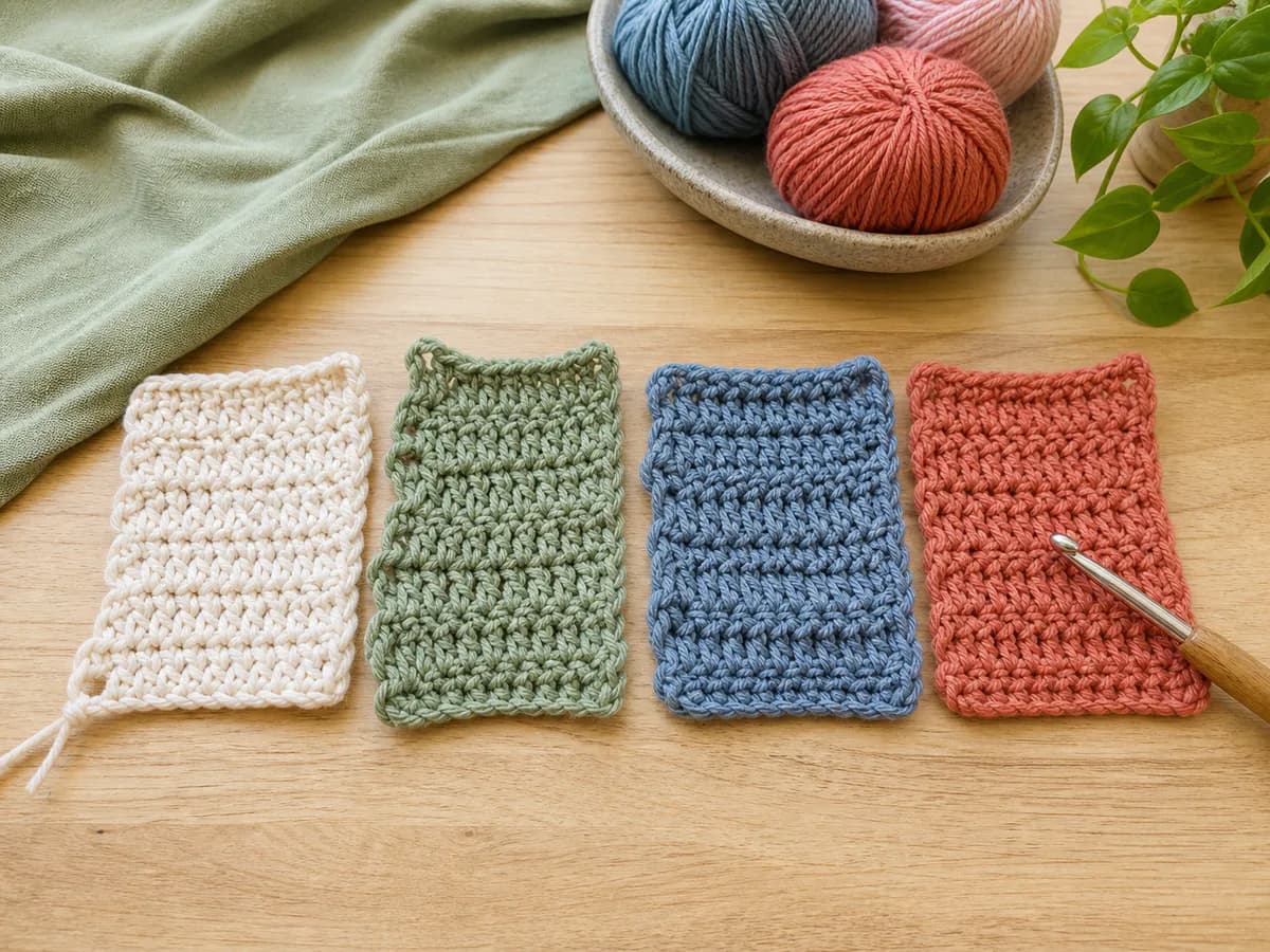 Four rectangular crochet swatches in cream, sage, blue, and rust beside a hook and yarn