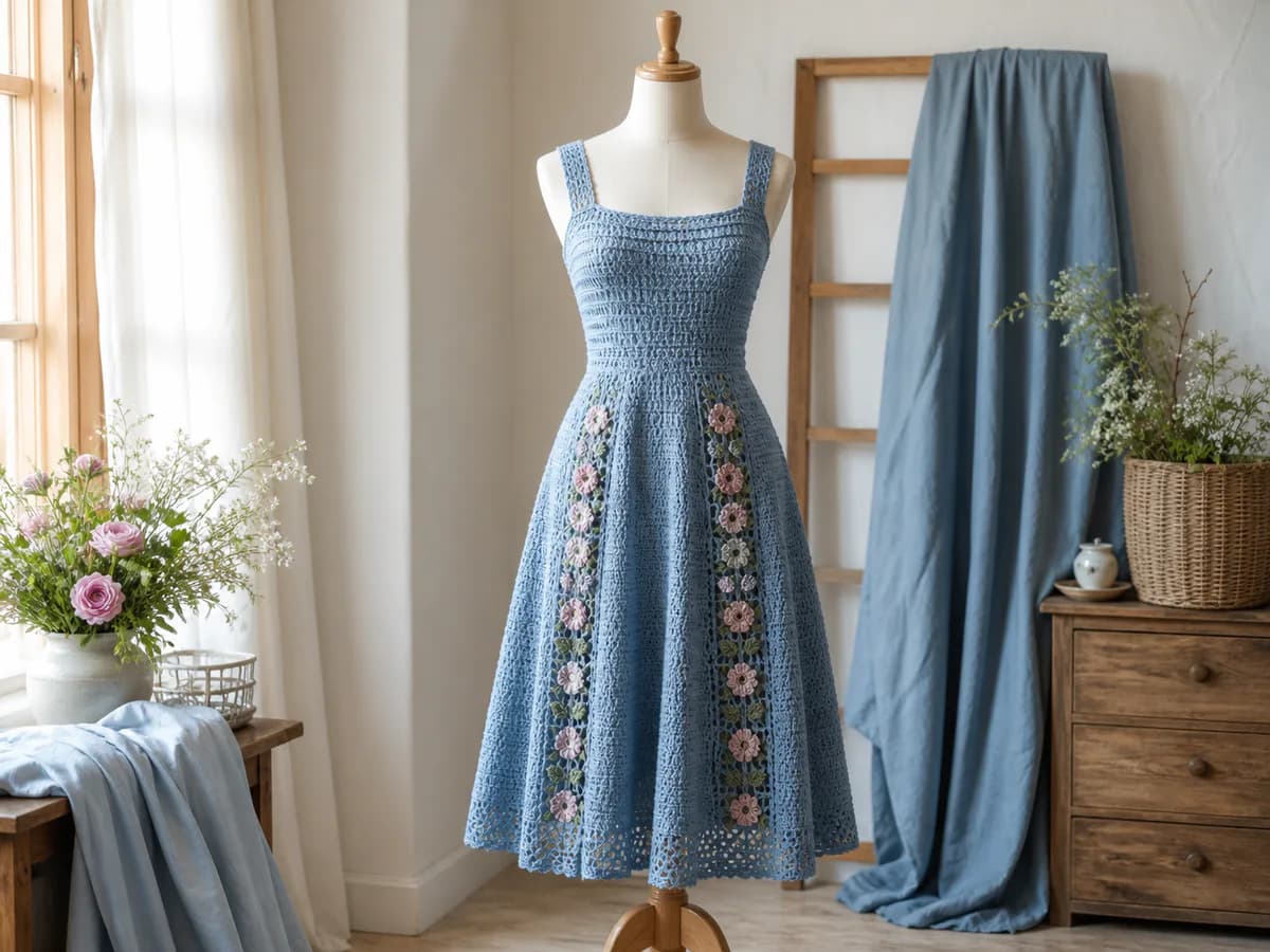 Sleeveless blue crochet dress with floral granny-square panels displayed on a dress form
