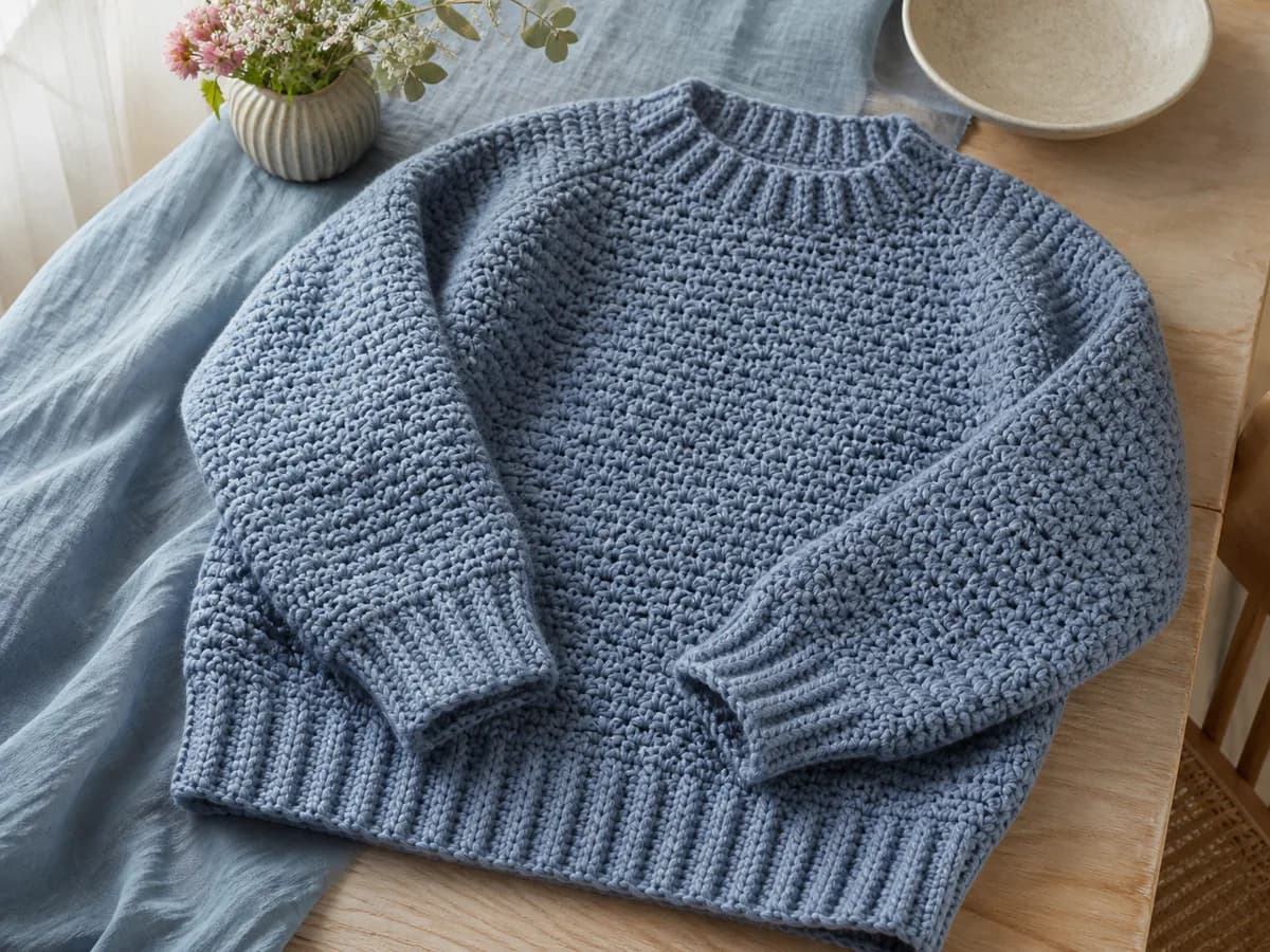 Oversized slate-blue crochet sweater laid flat with ribbed cuffs and hem visible