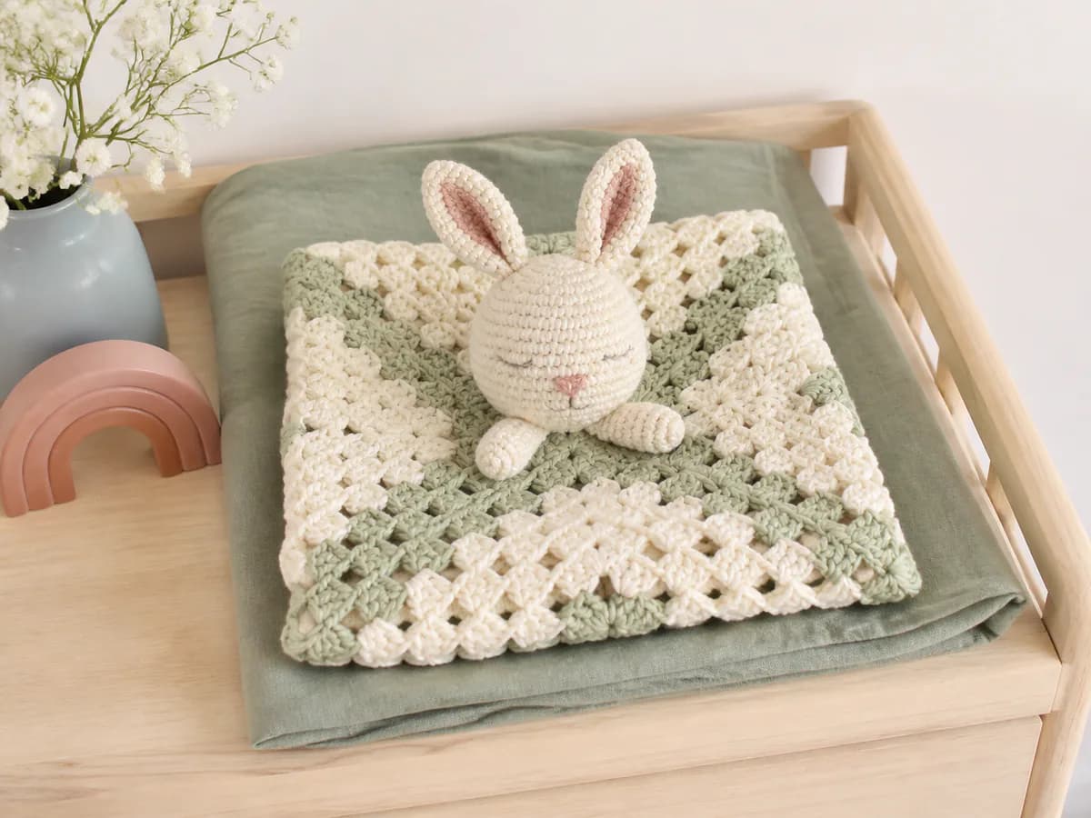 Cream and sage granny-square baby lovey with a white crochet rabbit head in a wooden crib