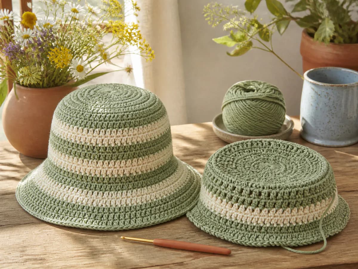 Two sage crochet bucket hats with striped brims arranged on a sunlit table beside yarn