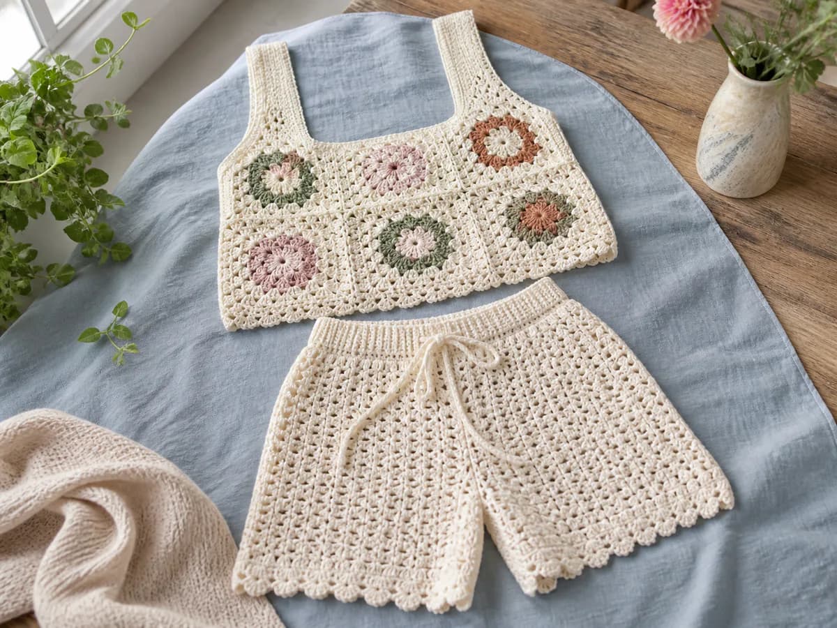 Cream floral granny-square camisole and matching high-waisted crochet shorts arranged on blue fabric