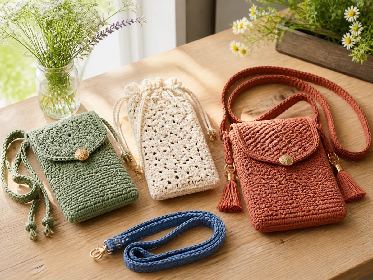 Sage, cream, and coral crochet phone pouches and crossbody bags with long straps