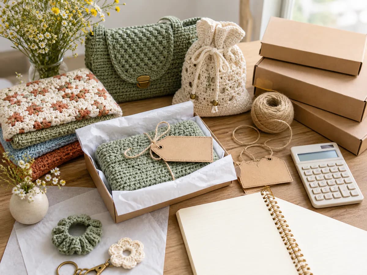 Crochet business workspace with a packed parcel, yarn, handmade fabric, calculator, and notebook