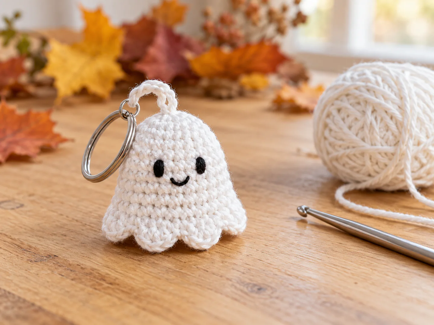 Small white crochet ghost keychain with embroidered black eyes and smile, a scalloped lower edge, and a silver ring on a wooden craft table
