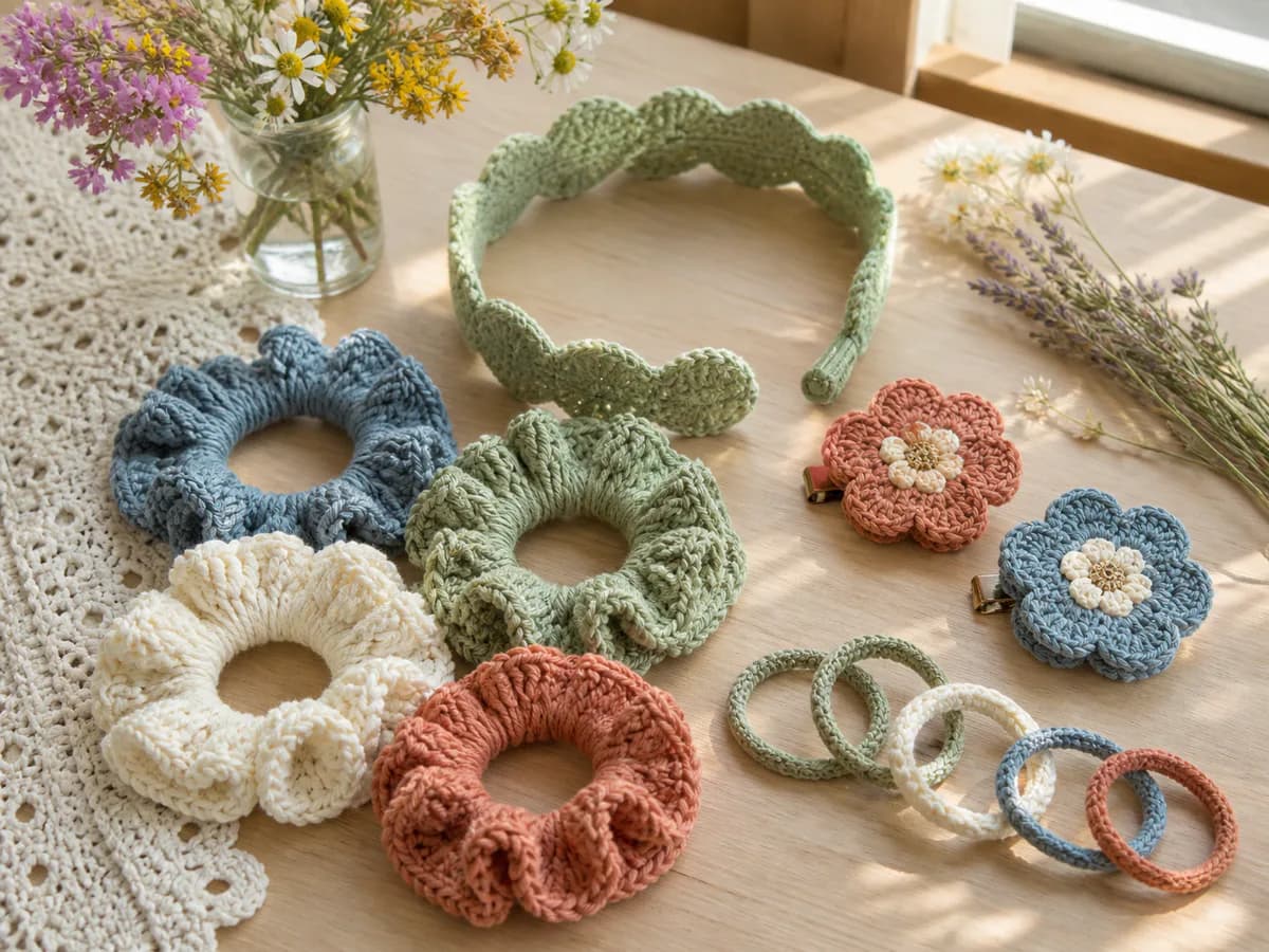 Crochet scrunchies, flower clips, and rings in cream, sage, blue, and dusty rose