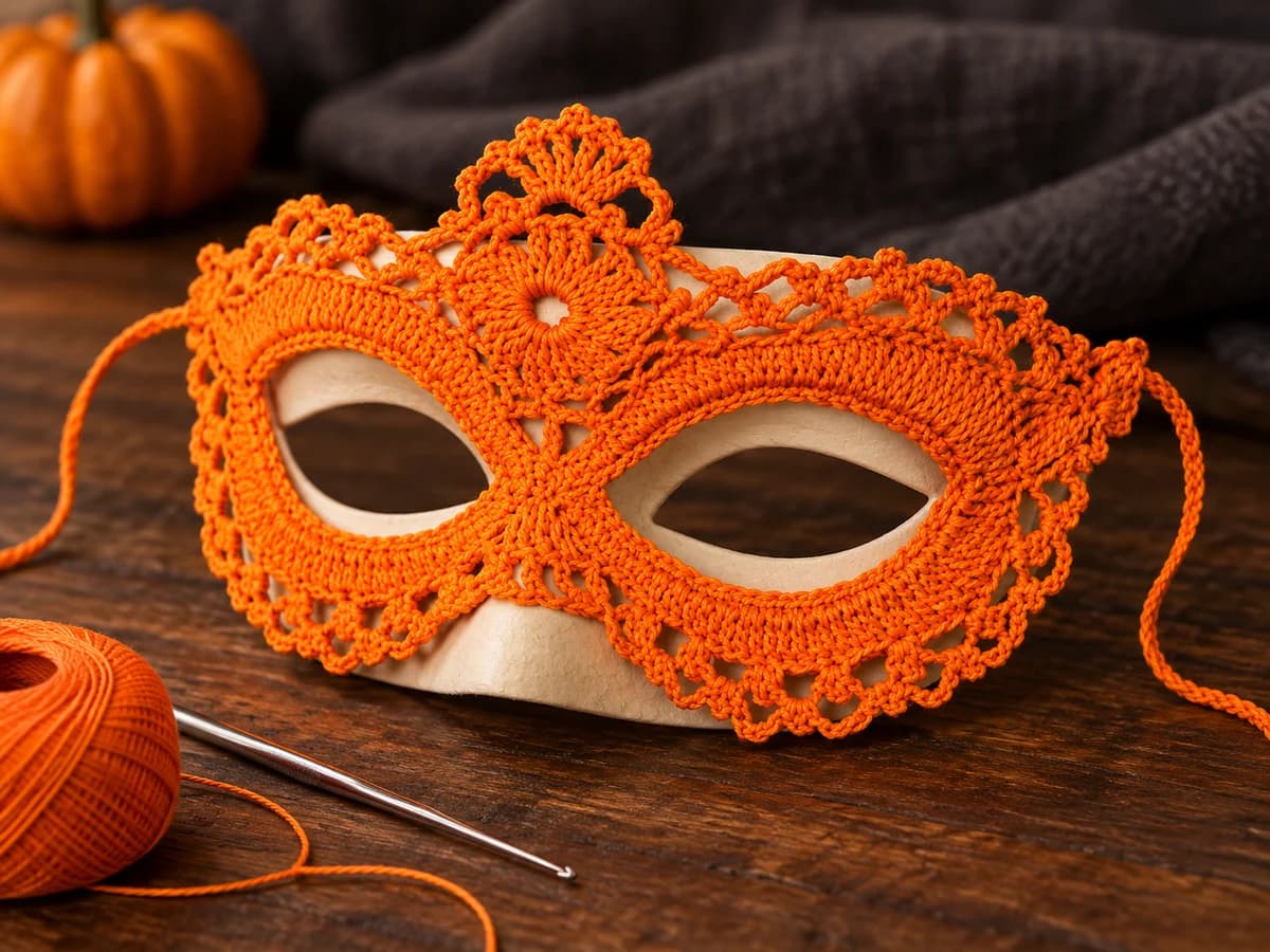 Pumpkin-orange crochet lace masquerade mask with almond-shaped eye openings and a central medallion on a cream form beside cotton thread and a steel hook