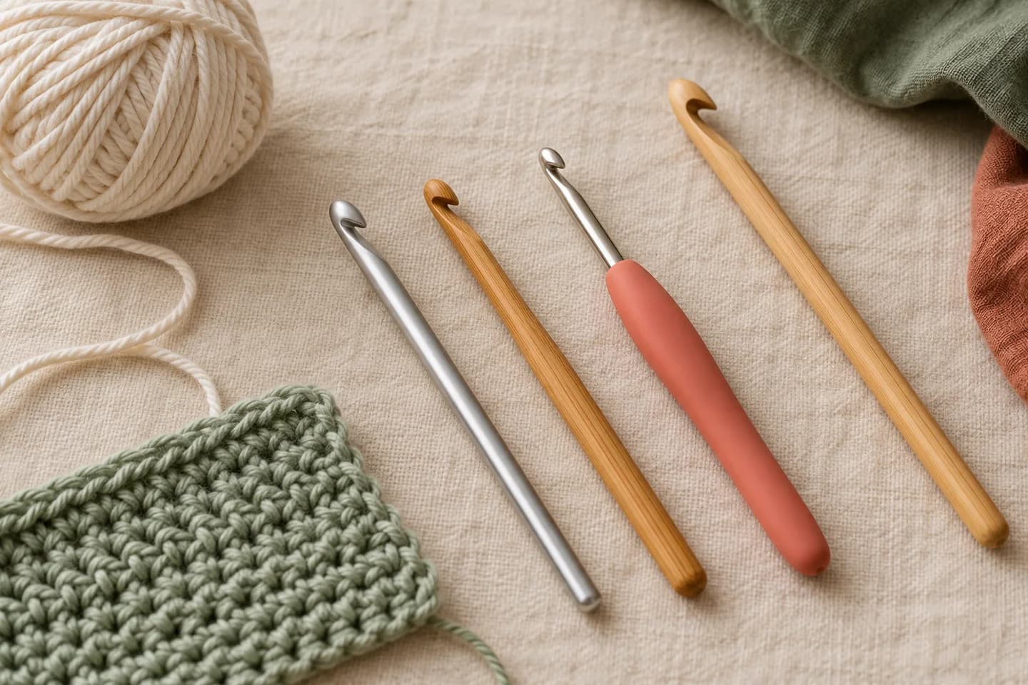 Aluminum, bamboo, and soft-grip crochet hooks arranged on cream linen beside yarn and a sage-green crochet swatch