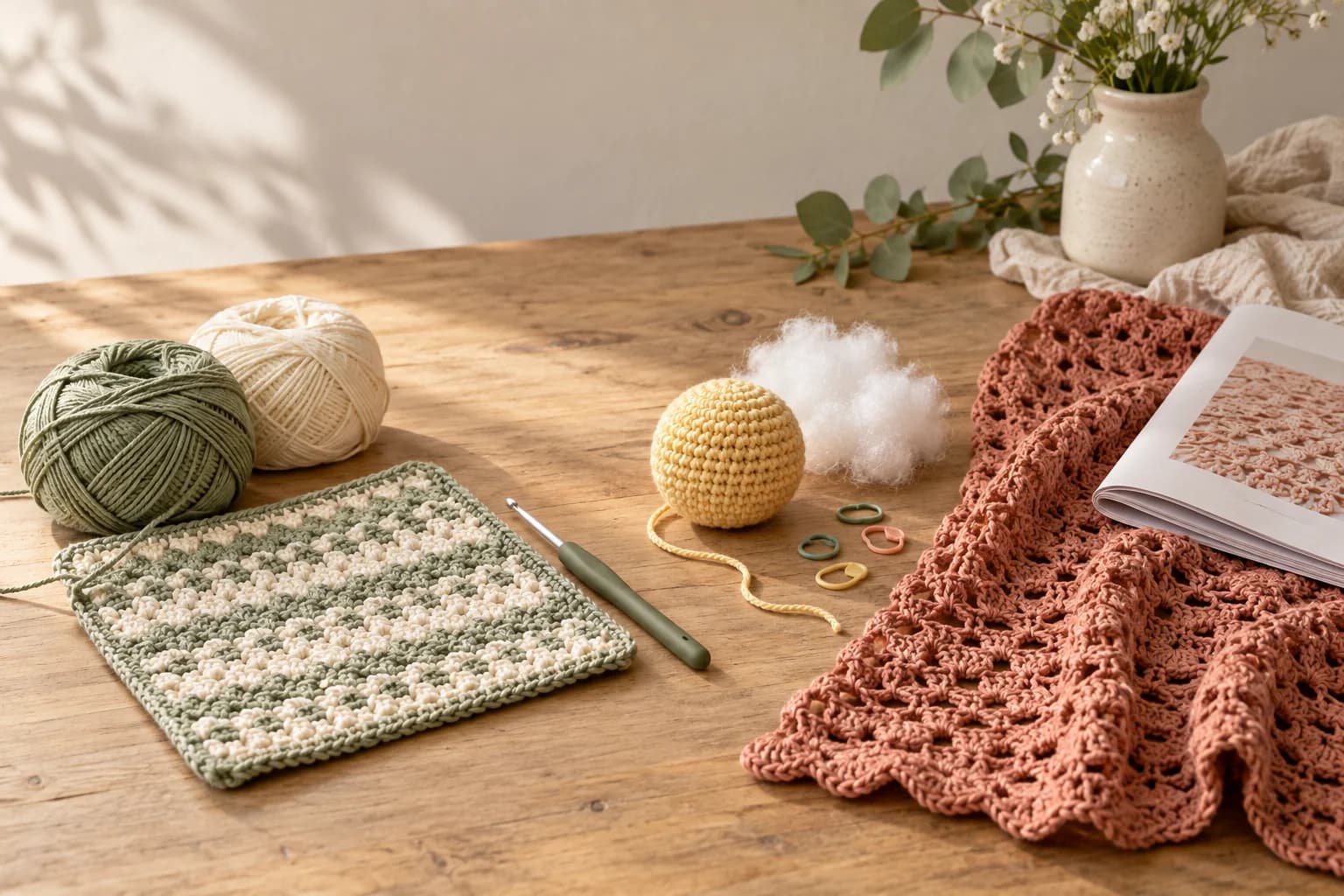 Illustrated beginner crochet project choices on a wooden table: a striped dishcloth, small amigurumi shape, and terracotta shawl beside yarn and a hook