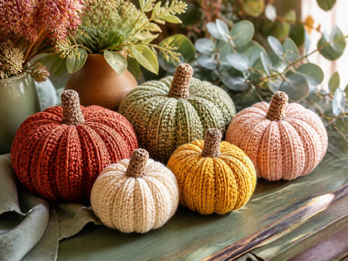 Cluster of ribbed crochet pumpkins in rust, mustard, cream, and sage with brown stems