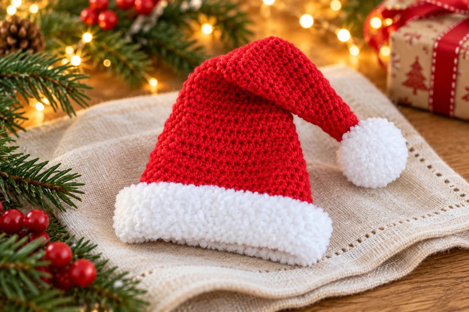 Red crocheted doll-size Santa hat with a folded fluffy white brim and pom-pom on ivory linen, framed by pine and warm Christmas lights