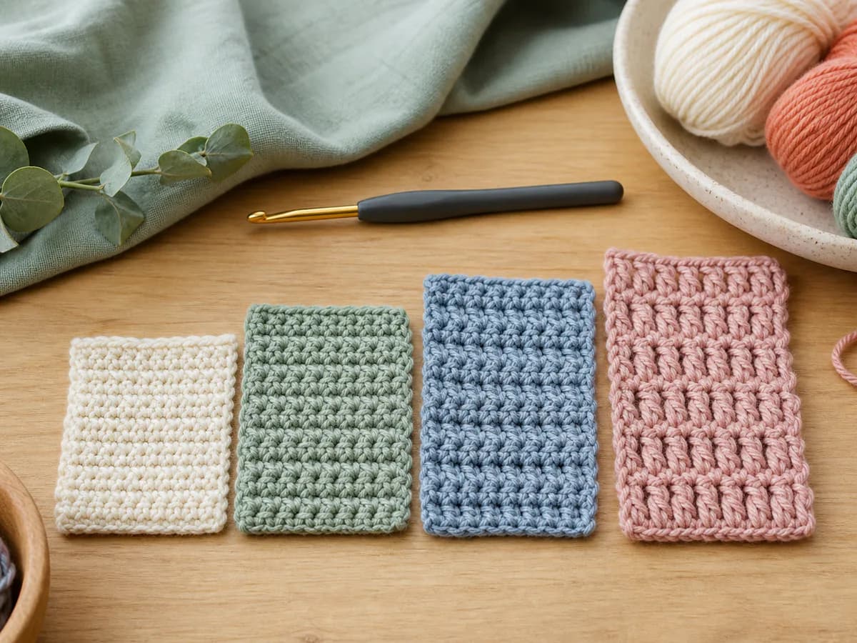 Four labeled-style crochet stitch swatches in cream, sage, blue, and pink beside a hook