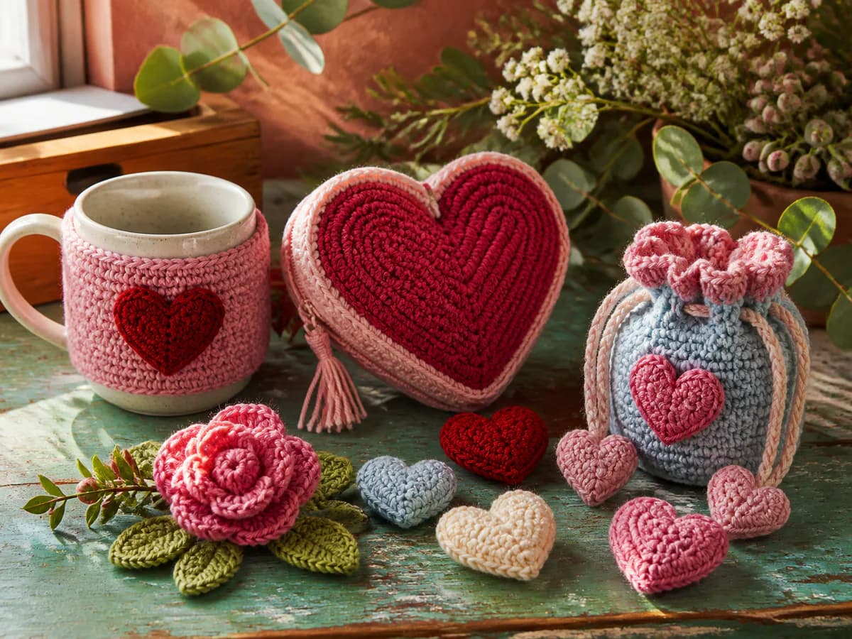 Red heart mug cozy, large crochet heart, flowers, and small Valentine amigurumi arranged on a table