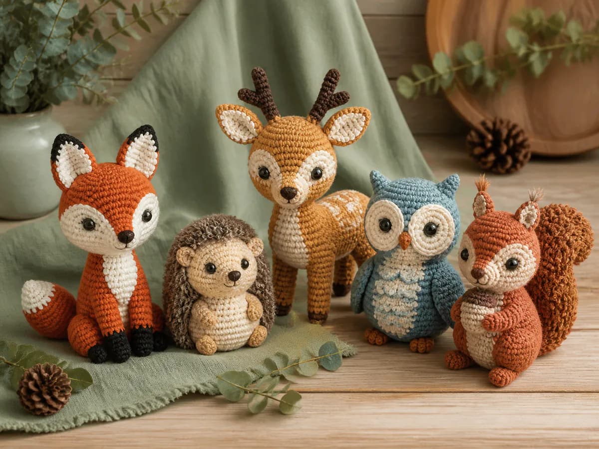 Crochet fox, hedgehog, deer, owl, and squirrel amigurumi posed together in a woodland scene