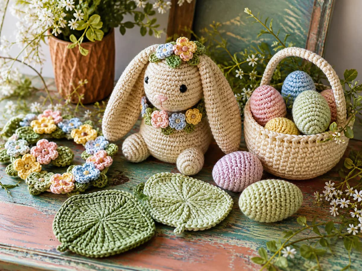 Long-eared crochet rabbit beside a basket of pastel eggs, flowers, and green leaves