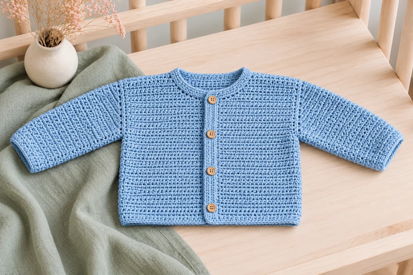Blue crochet baby cardigan with straight drop shoulders, sleeves joined at the side armholes, and four front buttons