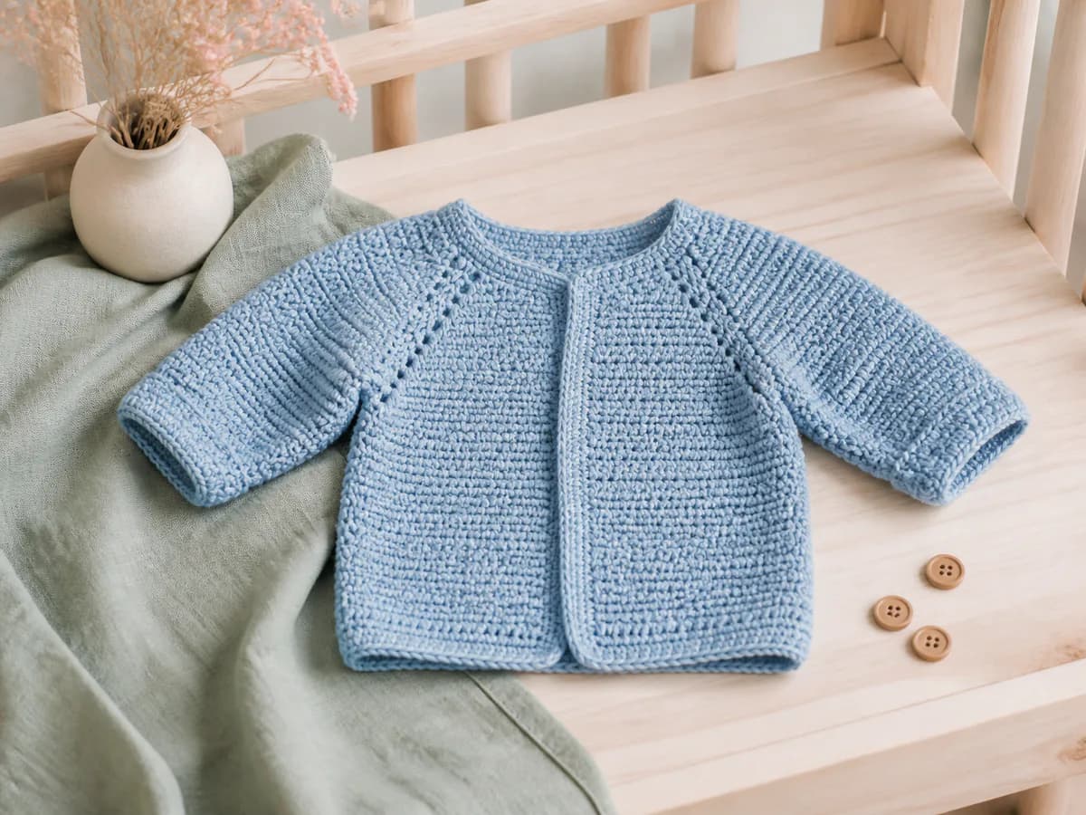 Soft blue crochet baby cardigan with raglan shaping and small wooden buttons