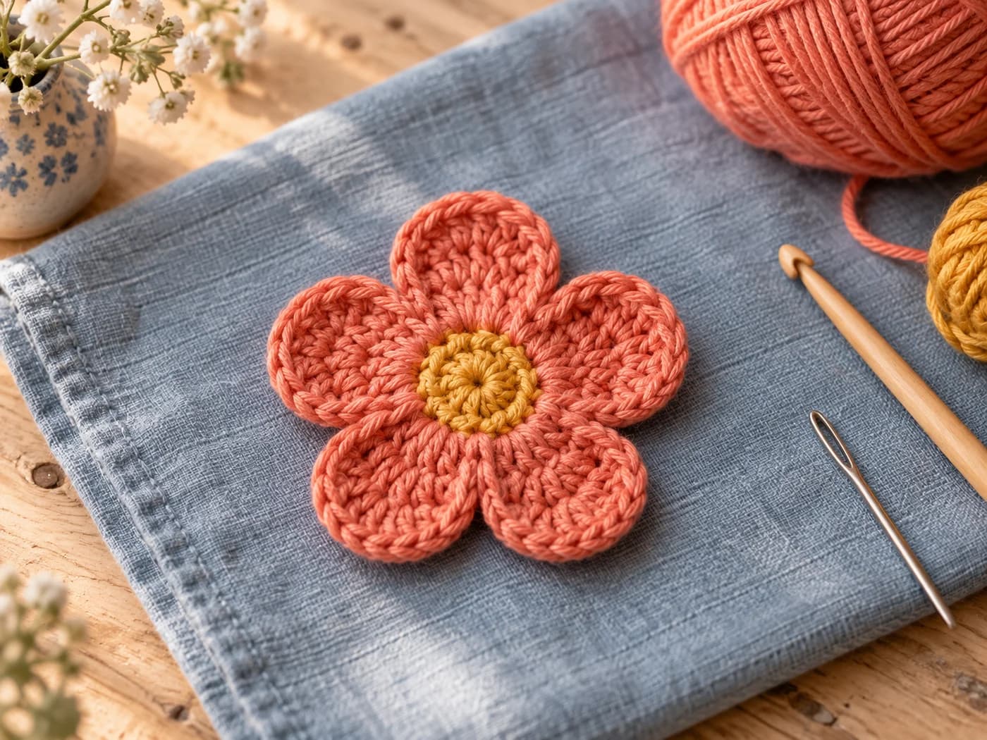 Flat coral crochet flower with five rounded petals and a golden center on blue linen beside yarn and a crochet hook