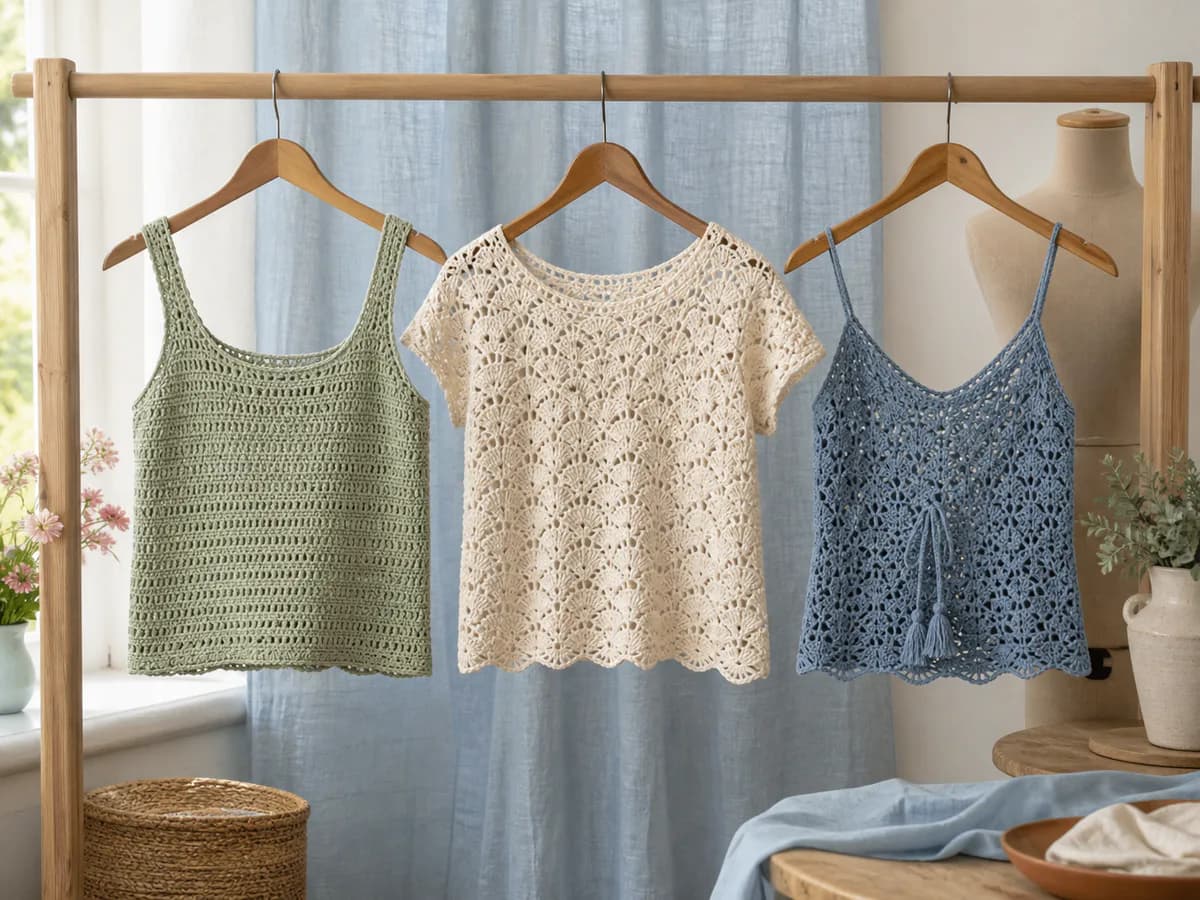 Sage, cream, and blue sleeveless crochet summer tops displayed on wooden hangers