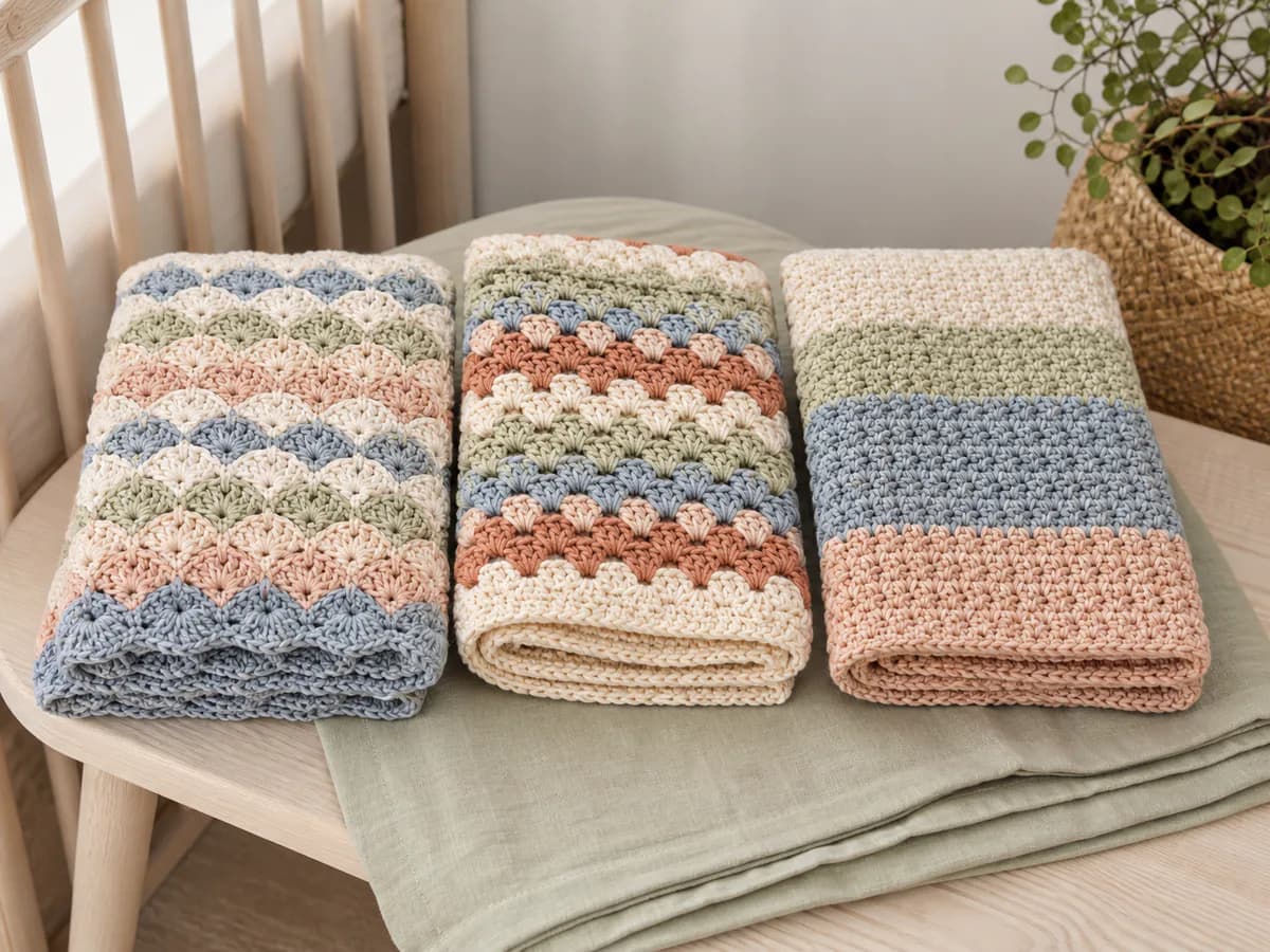 Four folded crochet baby blankets with pastel stripes, shells, and textured stitch patterns