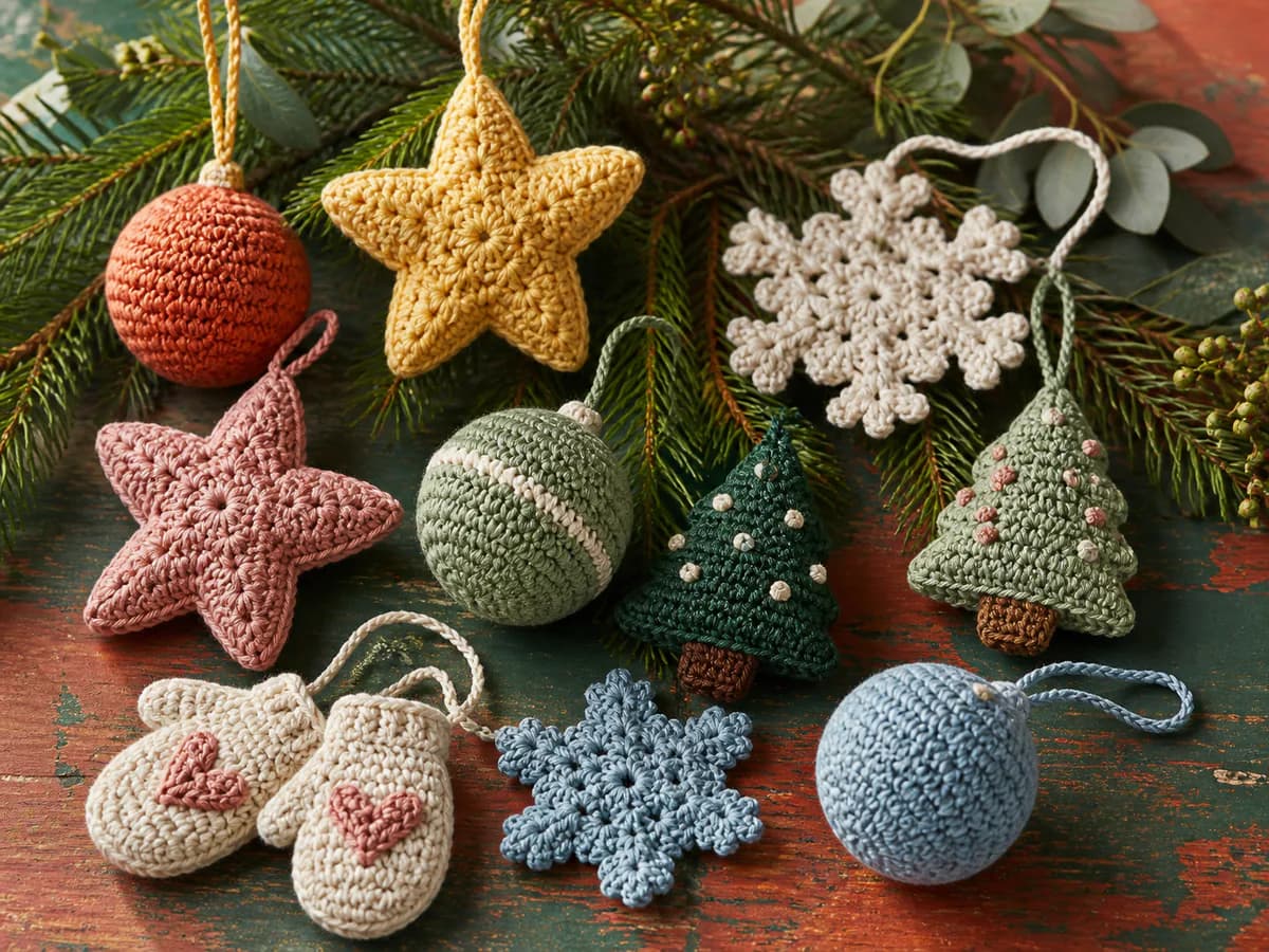 Crochet Christmas trees, stars, snowflakes, baubles, and candy ornaments on dark green fabric