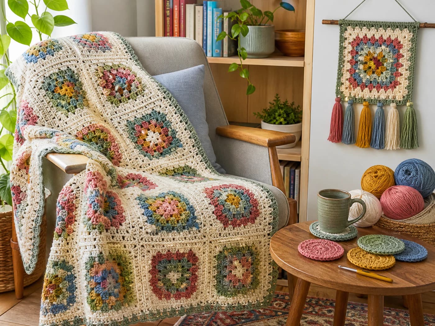Floral granny-square blanket, wall hanging, coasters, and yarn arranged in a cozy room