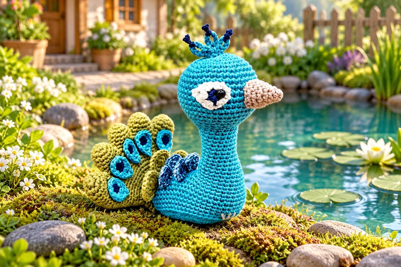 Blue crochet peacock with a beige beak, three-loop crest, and green fan tail beside a small garden pond with lily pads, mossy stones, and white flowers
