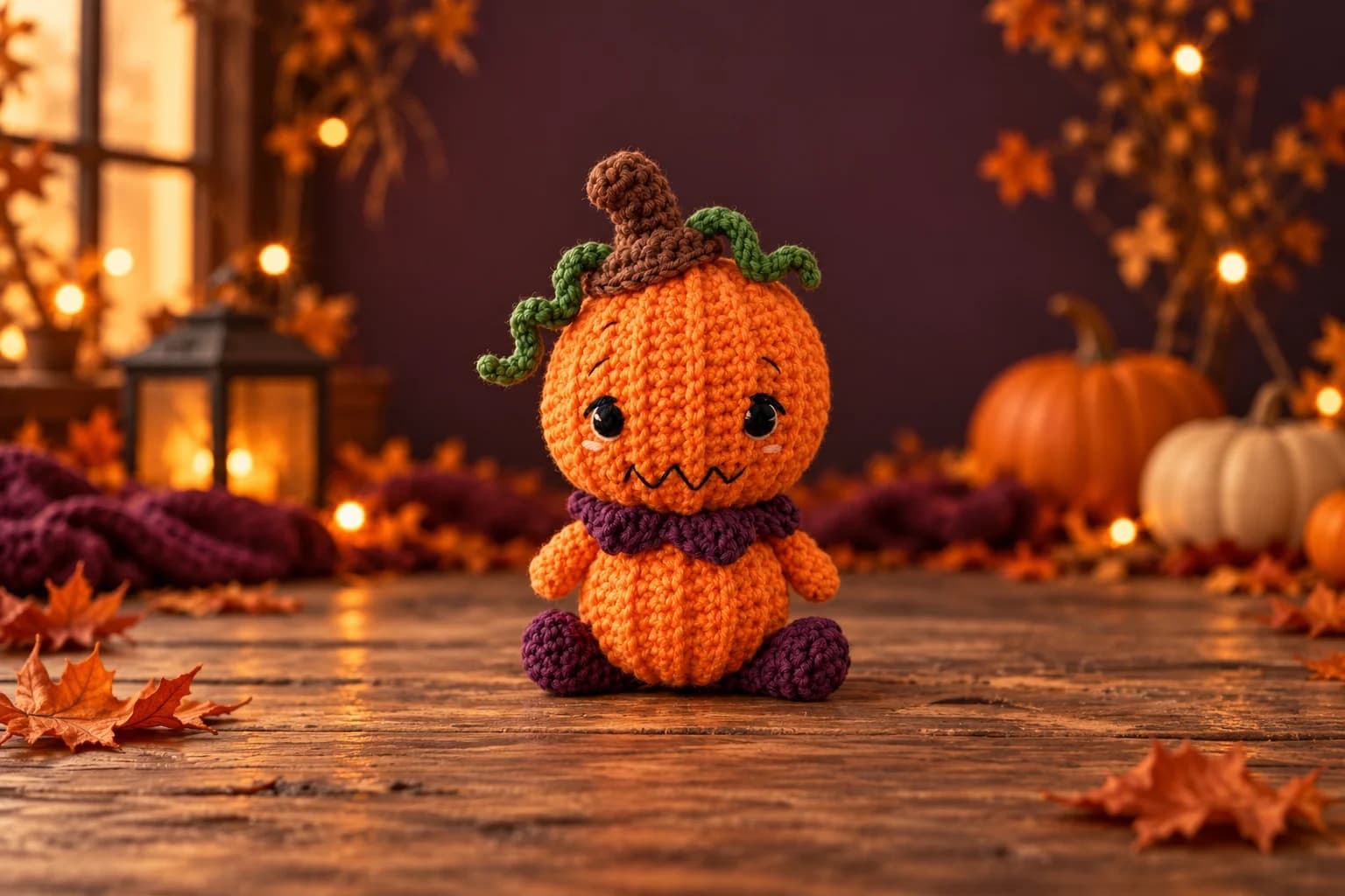 Orange ribbed crochet pumpkin doll with plum feet and scalloped collar, black eyes, and a brown stem with green vines in a warm Halloween setting