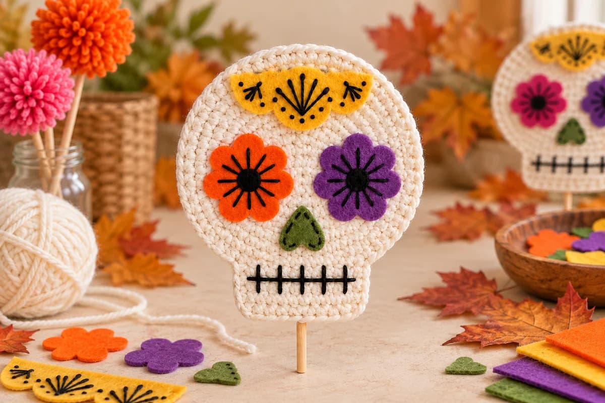 Flat white crochet skull on a wooden stick with colorful felt flower eyes, a green nose, black embroidered teeth, and yarn pompoms nearby