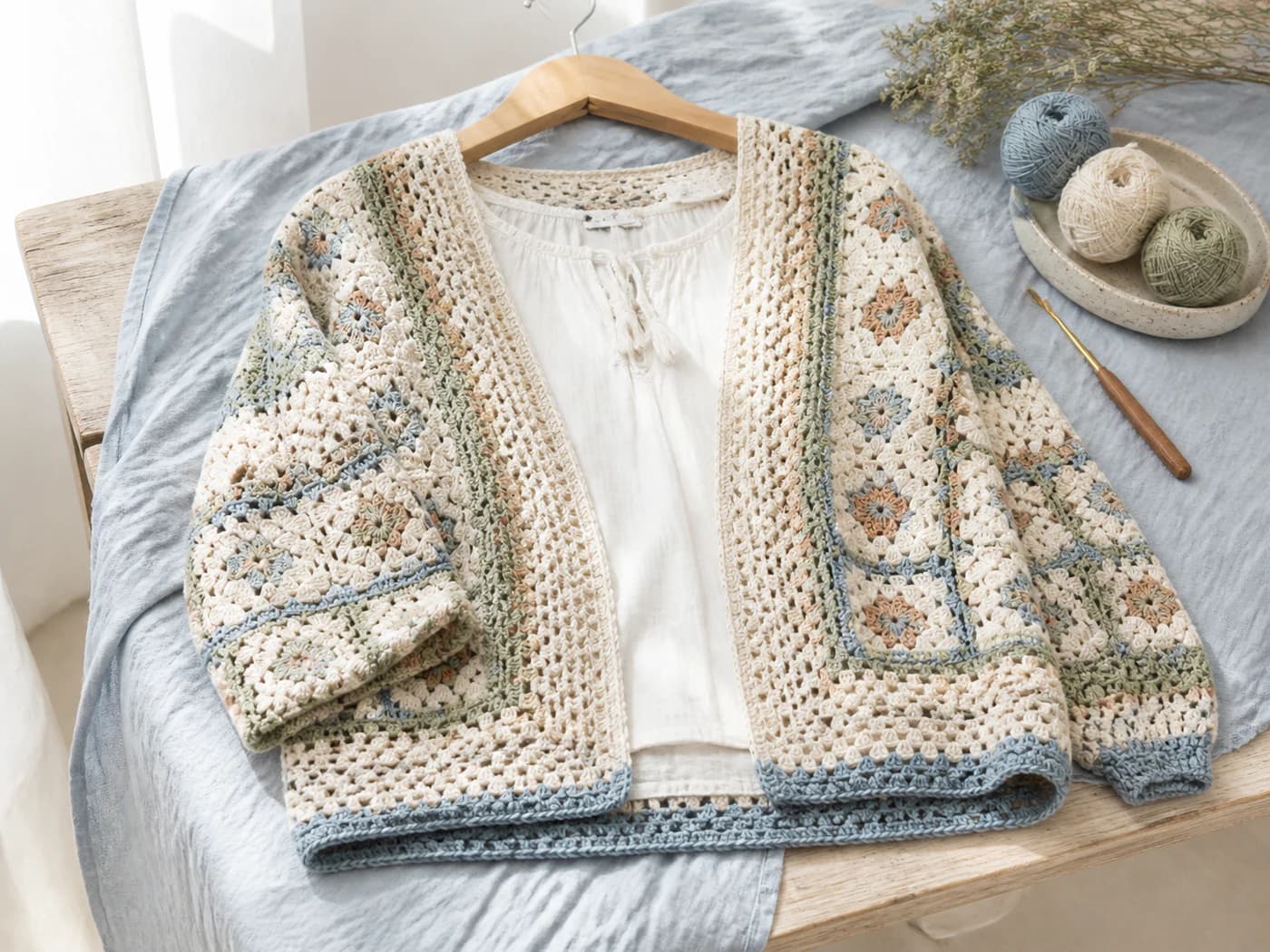 Cream open-front crochet cardigan with blue and tan motifs laid flat beside a measuring tape