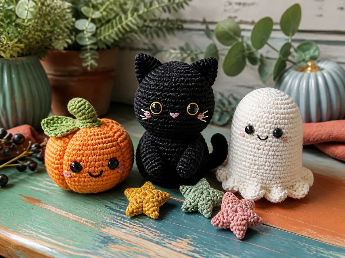 Orange pumpkin, black cat, and white ghost crochet amigurumi in an autumn display