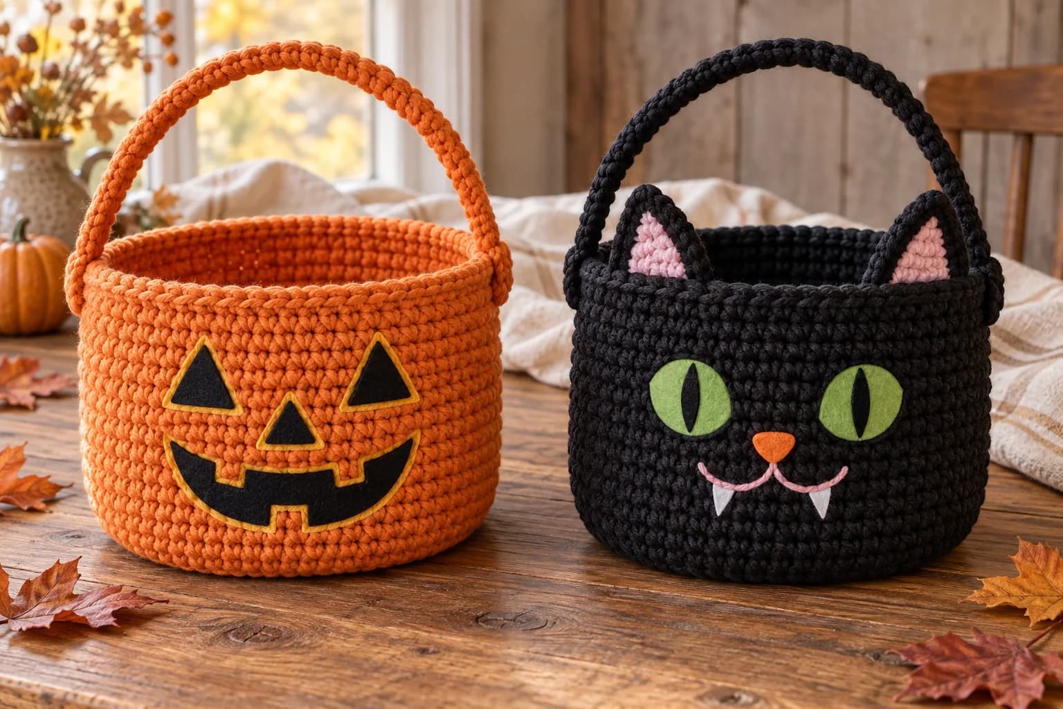 Orange jack-o-lantern and black-cat crochet candy baskets with upright handles, dense chunky stitches, and felt faces on a wooden table