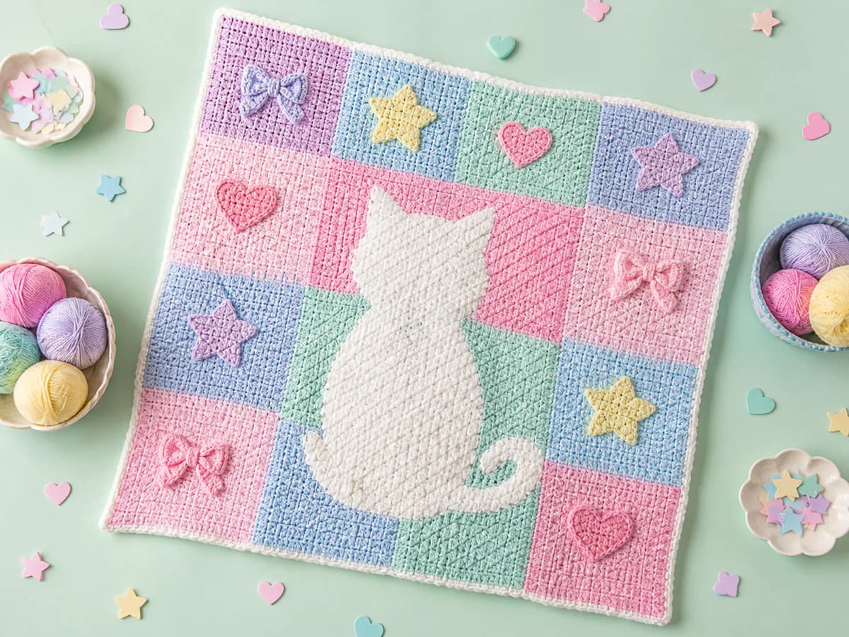 Pastel corner-to-corner crochet blanket with a white cat silhouette, hearts, stars, and bows