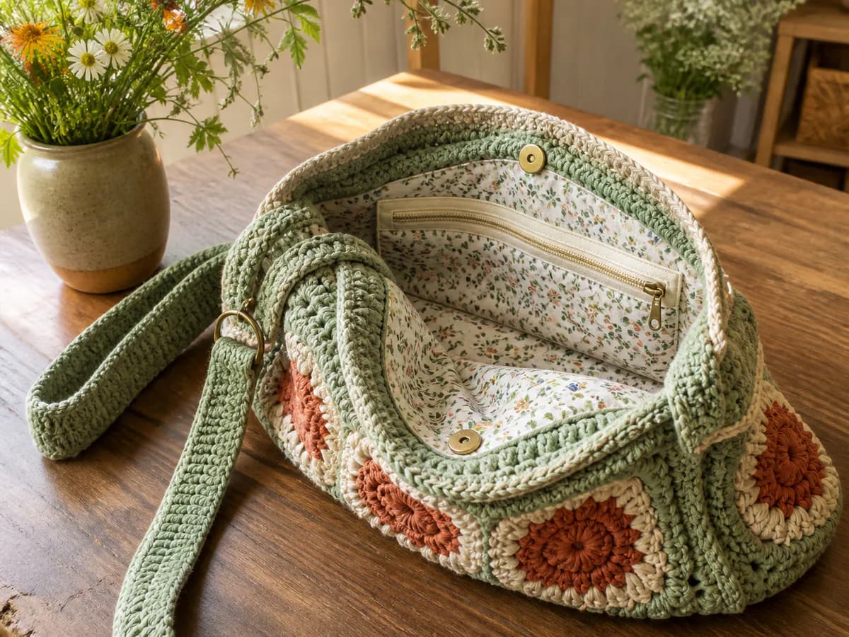 Open sage and cream crochet shoulder bag showing its floral lining, zipper, and strap hardware
