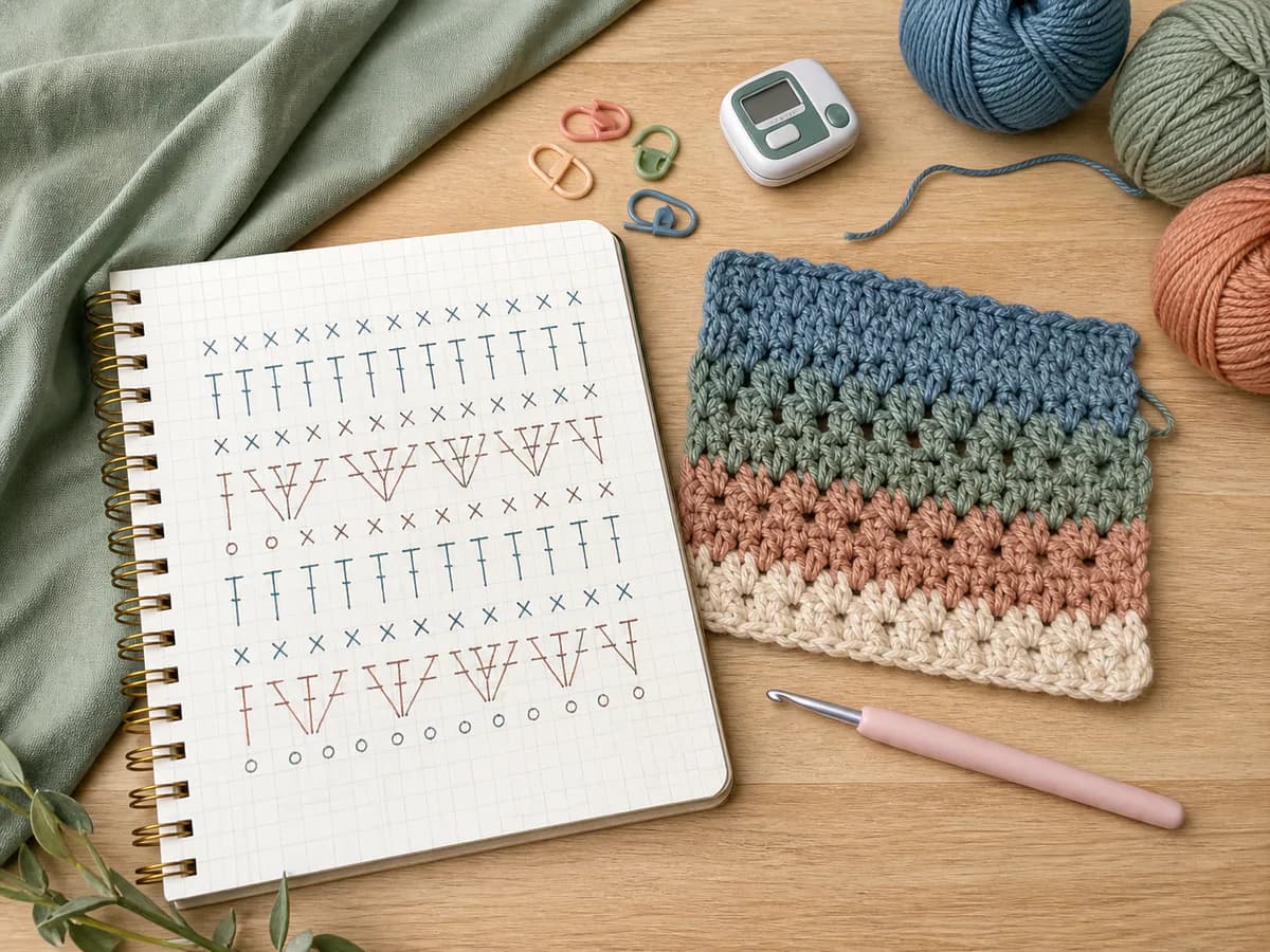 Crochet stitch chart in a notebook beside a striped swatch, hook, yarn, and stitch markers