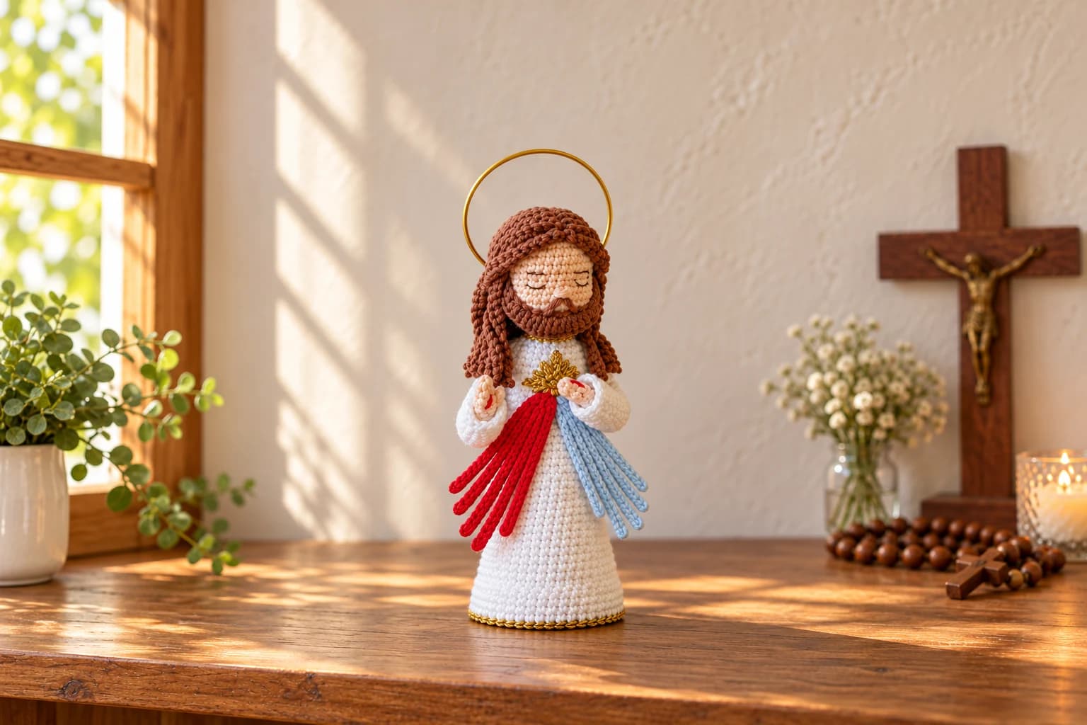 Crochet Divine Mercy Jesus doll with a white gown, brown hair and beard, gold halo, and red and pale-blue rays in a sunlit home prayer corner