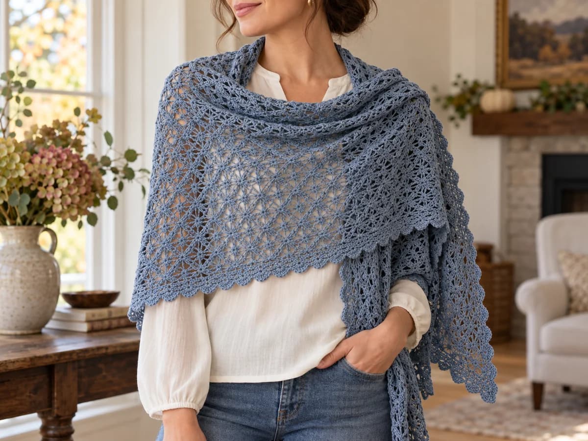 Dusty blue openwork crochet shawl draped around a woman in an ivory blouse beside a sunlit window