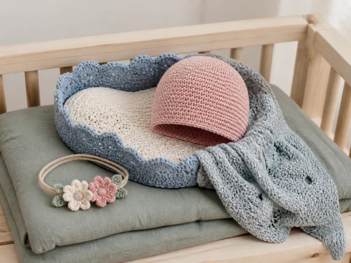 Blue nest, pink bonnet, gray wrap, and small flower headband arranged as newborn photo props