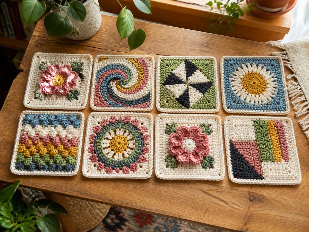 Nine crochet granny squares featuring flowers, spirals, geometric blocks, and textured motifs