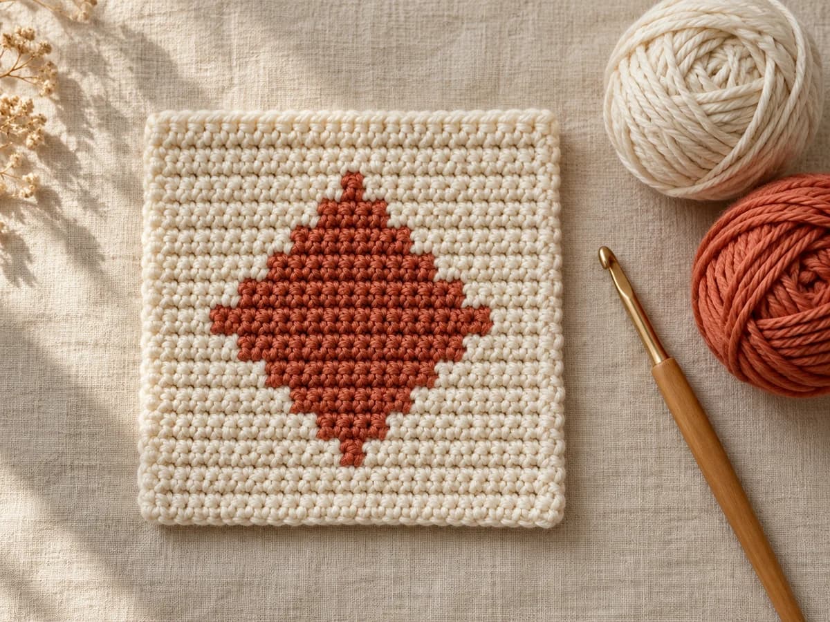 Cream crochet coaster with a terracotta diamond beside matching cotton yarn and a crochet hook