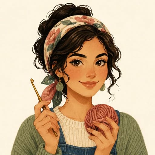 Illustrated portrait of Maya holding a crochet hook and yarn